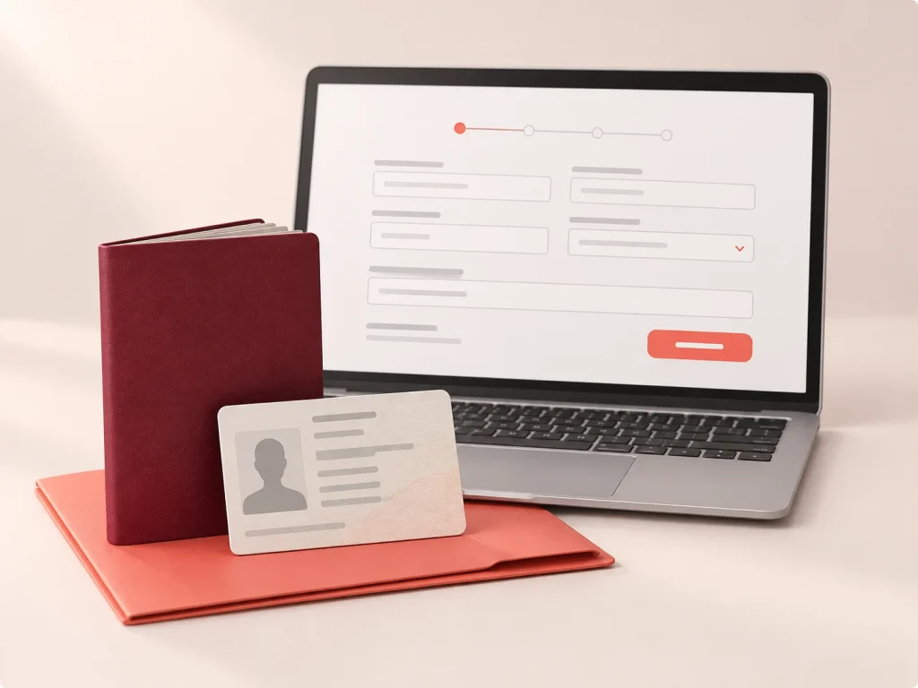 Ilustracja paszportu, karty i formularza online na laptopie